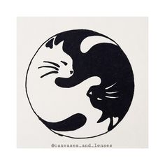 a black and white drawing of a cat sitting on top of a yin yang symbol