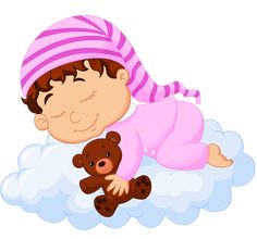 a baby sleeping on top of a cloud with a teddy bear in its arms and wearing a pink hat