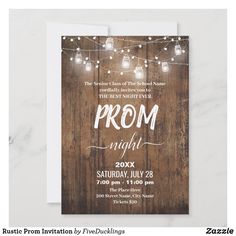 a rustic wood and mason jars prom night party card with string lights on the front