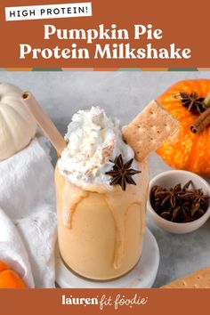 pumpkin pie protein milkshake with whipped cream and cinnamon