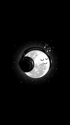 a black and white photo with headphones in front of the moon, music notes coming out of it