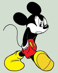 a cartoon mickey mouse with yellow shoes and a red shirt is smiling at the camera