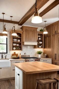 a large kitchen with wooden cabinets and white walls, an island in the middle is surrounded by stools