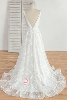 a - line v - neck tulle with appliques chapel train wedding dress