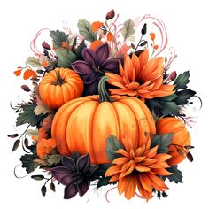 an orange pumpkin surrounded by flowers and leaves on a white background with swirls around it