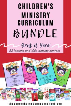 the children's ministry curriculum bundle is shown with text overlaying it and an image