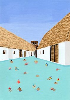 a painting of people swimming in a pool next to thatched roofed buildings with straw roofs