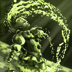 a drawing of a woman with green paint on her face and arms, standing in front of a water spout