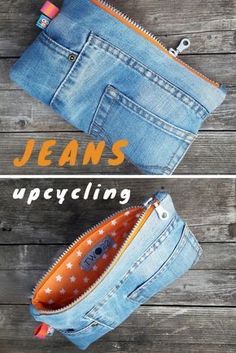 two pictures of jeans with the words jeans upcycling written in orange on them