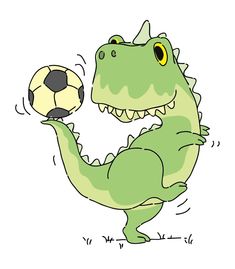 a cartoon dinosaur playing with a soccer ball