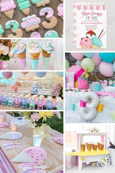 this is a collage of photos with pink and blue decorations