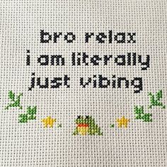 a cross stitch pattern with the words,'i am already just hiding'on it