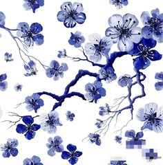 blue and white flowers on a tree branch with watercolor paint effect in the background