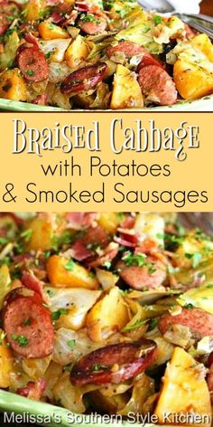 roasted cabbage with potatoes and sausages in a green casserole dish on a wooden table