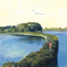 an artist's rendering of a person standing on the edge of a body of water