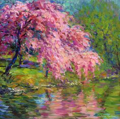 a painting of a tree in the middle of a pond with pink flowers on it