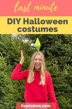 a woman wearing a red sweater and green hat with the words last minute diy halloween costumes