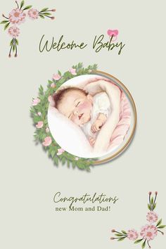 a baby's congratulations card with pink flowers