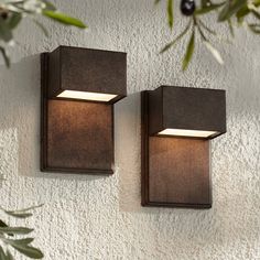 two outdoor lights on the side of a wall