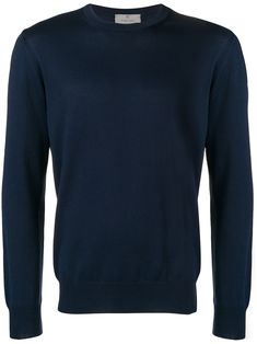 Navy blue cotton crew neck jumper from Canali featuring long sleeves and a ribbed hem and cuffs.