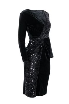 This Rumor London black velvet and sequin dress is THE perfect party dress for the holiday season! Featuring black velvet and sparkly sequins, this look is sure to help you shine on the dance floor! Let the festivities begin! Size XS 100% Stretch Polyester Unlined Bust 32" Waist 27" Shoulder to hem 43" Sleeve 23" Holiday Black Sequin Fabric For Cocktail, Velvet Sequin Dress, Elegant Black Sequin Fabric With Contrast Sequin, Luxury Black Sequin Fabric, Luxury Embroidered Black Sequin Fabric, Black Embellished Sequin Fabric, Glamorous Style, On The Dance Floor, Buy Shoes Online, Shine On