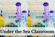 the under the sea classroom is filled with purple jellyfish and other colorful objects that are hanging from the ceiling