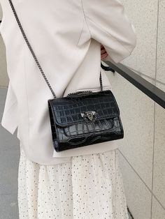 Black Elegant   PU Leather Crocodile Square Bag    Women Bags Silver Link Chain, Chain Pattern, Elegant Bags, Novelty Bags, Crossbody Bag Women, Chain Shoulder Bag, Trendy Fashion Women, Square Bag, Louis Vuitton Twist Bag