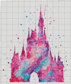 a cross stitch pattern with a castle in the middle and lots of colors on it