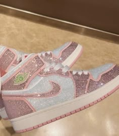 Quince Jordans, Chargers Football Theme Party, Bedazzled Nike Dunks, Cute Pink Jordans, Quince Shoes Sneakers Pink, Bedazzled Jordans, Pink Quince Heels, Pink Quince Shoes, Sneaker Ball Shoes