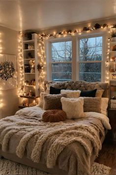 a bedroom decorated with christmas lights and furs on the bedspread is shown