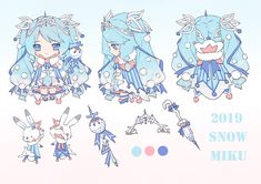 an image of some cute anime characters in different poses on a blue background with the words snow miku written below it