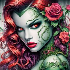 a painting of a woman with red hair and roses on her head, wearing green makeup