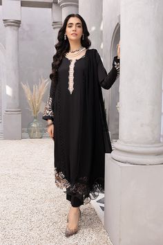 Azure Mythic Onyx Vogue Premium Elegant Black Georgette Set, Elegant Black Chiffon Set, Black Chiffon Long Sleeve Sets, Elegant Black Lawn Suit With Long Sleeves, Elegant Black Long Sleeve Lawn Suit, Elegant Long Sleeve Black Lawn Suit, Elegant Black Lawn Suit For Wedding, Elegant Black Georgette Lawn Suit, Fitted Black Georgette Lawn Suit