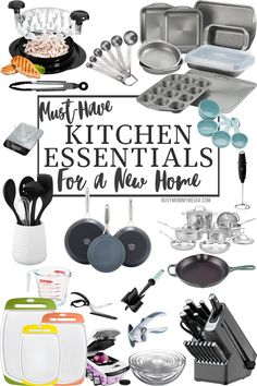 the kitchen essentials for a new home are shown in this graphic style, including pots, pans and utensils