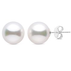 These incredible earrings have a regal, sophisticated charm. These AAA-quality South Sea pearls are flawlessly round, with deep luster and smooth surface. These exquisite pearls range in size from 9.0-10.0 mm, and each pair is carefully matched for size, color, and overtone. The pearls are mounted on solid 14-karat gold posts, available in both yellow and white gold.