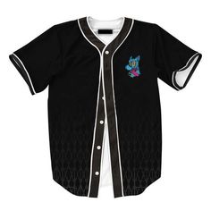 a baseball jersey with a cartoon character on the front and side, in black color