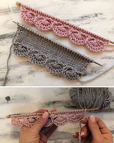 two pictures showing how to crochet with yarn