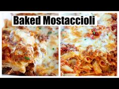 two pictures of baked pasta with meat and cheese