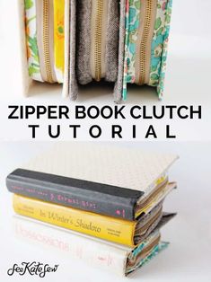 the zipper book clutch is open and has several books stacked on top of each other