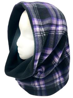 "Hooded scarf, Snood, Reversible Plush Fleece Scarf. Chunky Infinity Cowl Stay super warm this winter in a practical neck and headwear clothing accessory. This infinity scarf will stay on to provide comfort and warmth against cold winter chills. Black, Purple and White tartan pattern in warm fleece fabric is paired with solid Black Plush Fleece on the reverse side for comfort and to give you options for styling. Wear as a hooded scarf with the top folded back to give extra coverage over the ears Winter Camping Outfits, Reversible Plush, Fleece Projects, Hood Scarf, Hoodie Scarf, Infinity Cowl, Black Hoodie Women, Scarf Chunky, Sweater Mittens