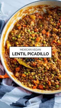 mexican lentil picadillo in a skillet with the title overlay reading mexican vegan lentil picadillo