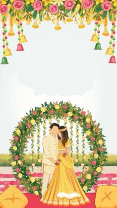 a couple standing in front of a floral arch