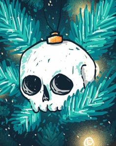 a christmas ornament with a skull hanging from it's side on a pine tree