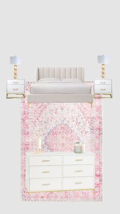 a white bed sitting next to two nightstands on top of a pink and gold rug