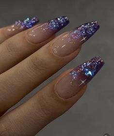 Nail Inspiration New Year, Starfall Nails, Nail Designs Space, Cateye Ombre Nail, Bejeweled Taylor Swift Nails, Purple Nails With Silver Glitter, Coffin Nail Ideas Winter, Glinda Inspired Nails, Sparkle Gradient Nails