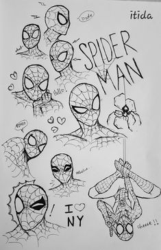 some spiderman faces drawn on paper with the words spider man written in black ink