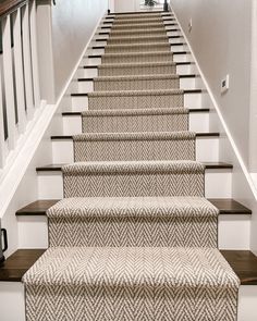 the stairs are lined with carpet and white railings