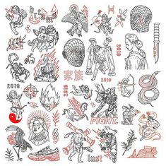 an image of tattoos drawn in red and black ink on white paper with chinese characters