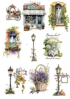 watercolor paintings of different types of flowers and plants in front of a storefront