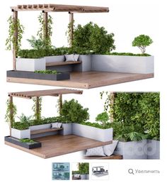 two pictures of an outdoor living area with plants on the wall and in the ground